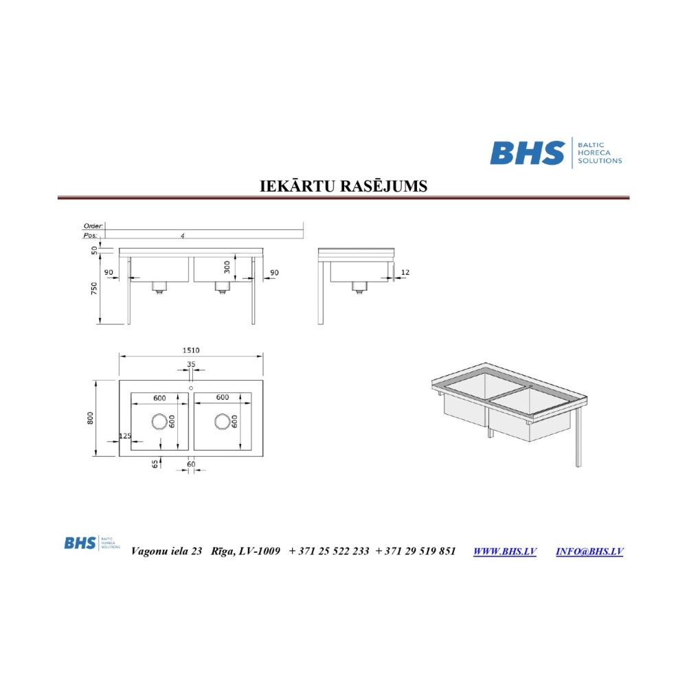 Stainless steel surface with two basins 1510 mm