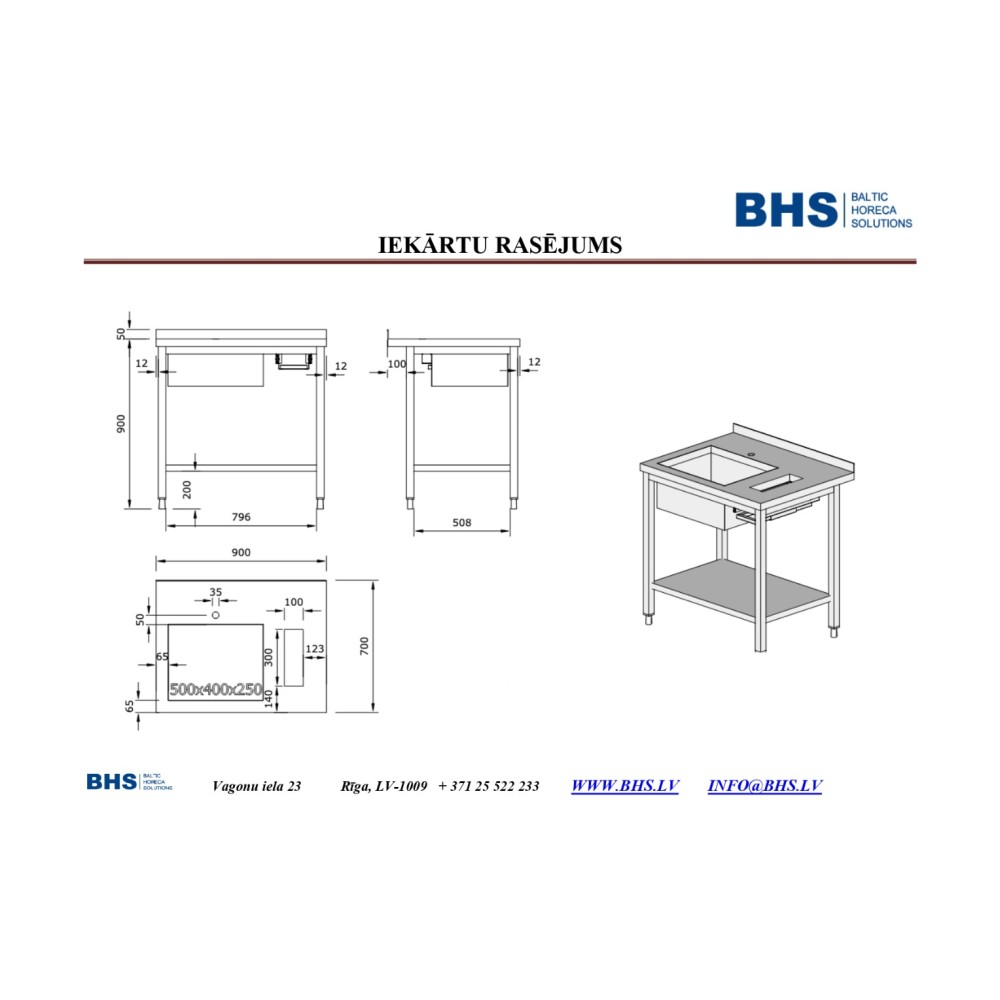 Table with sink and shelf with built-in waste space 900 mm