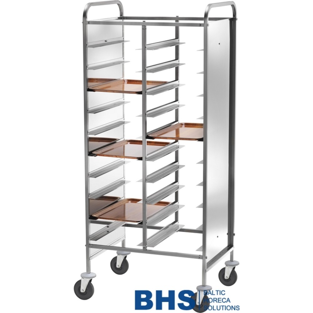 Reinforced trolley for 30 trays with stainless side panels