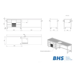 Roostevabast terasest töölaud valamuga ja külmlauaga 3150x700x900 mm
