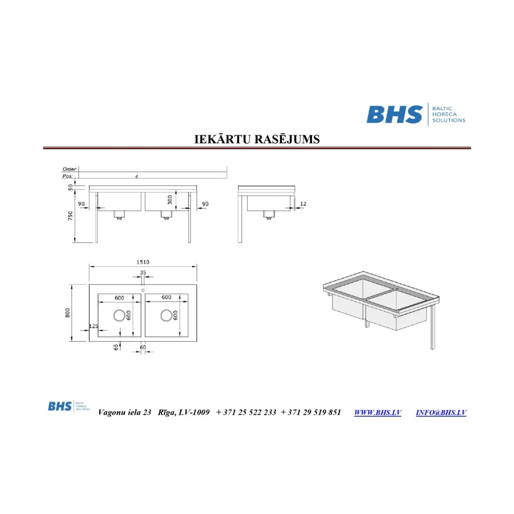 Divbaseinu nerūsējošā tērauda galds 1510 mm