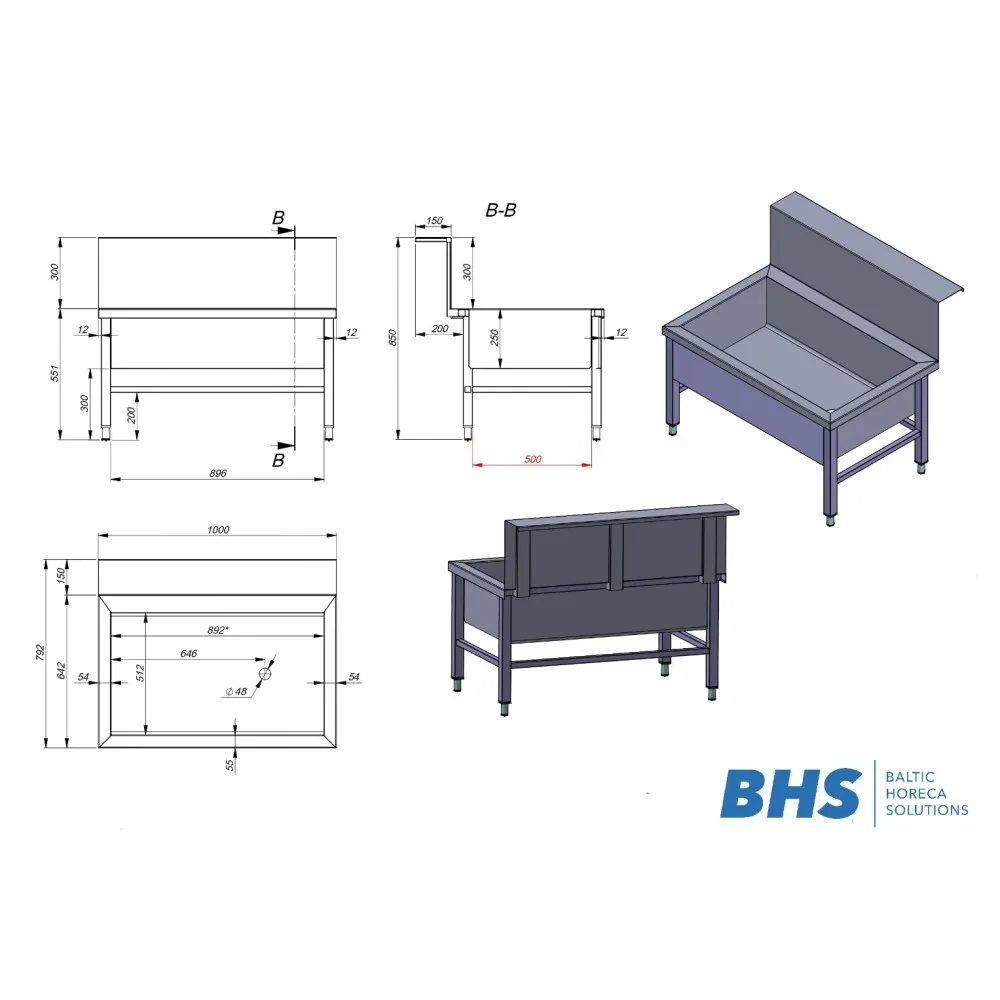 Funkcionalus metalinis stalas su baseinu 1000 mm