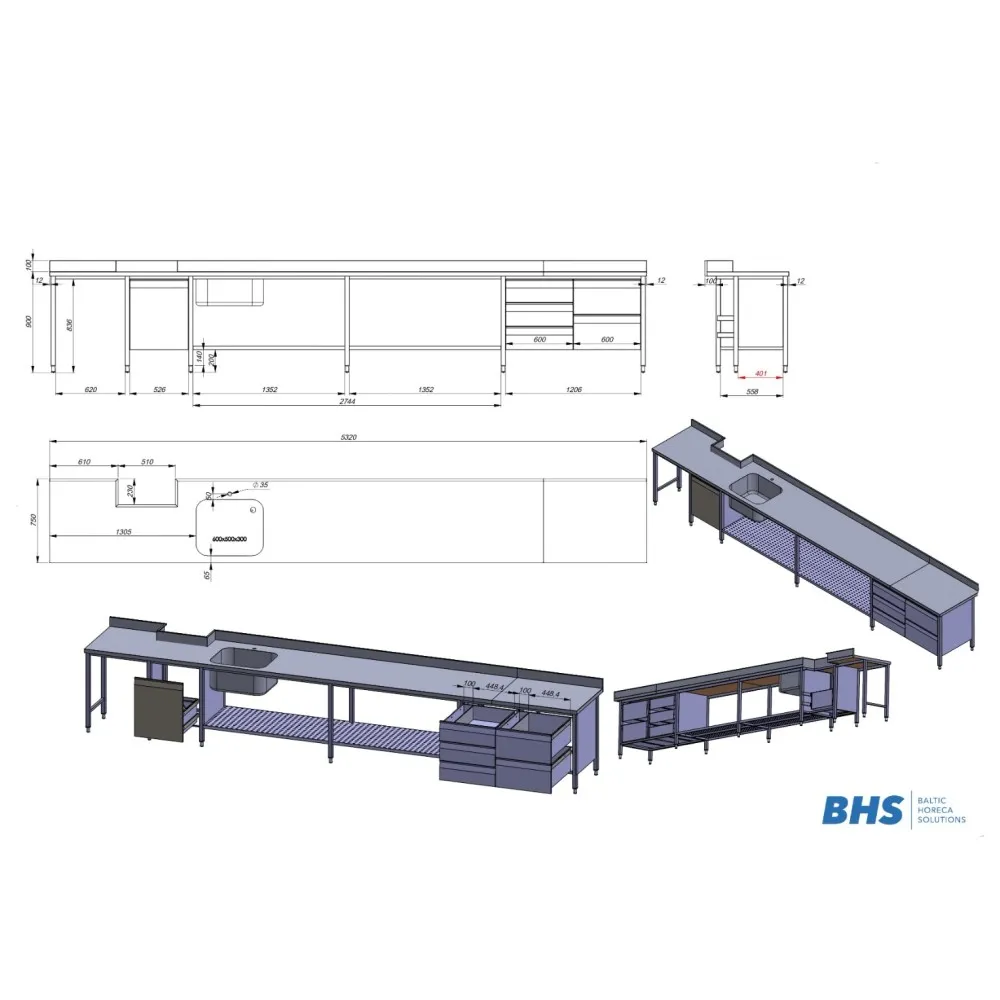 Nerūsējošā tērauda darba galds ar izlietni un plauktiem