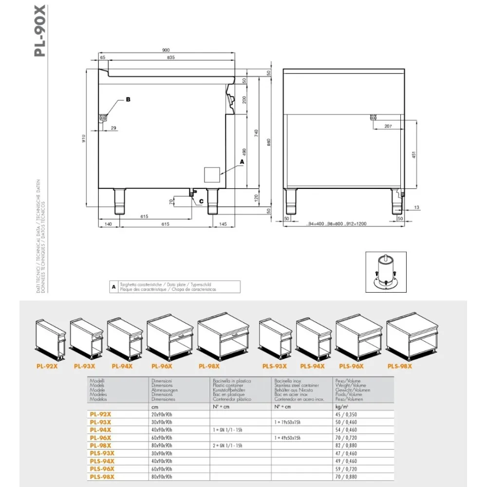 Profesionāla nerūsējošā tērauda darba virsma ar n/t paliktni PLS-93X