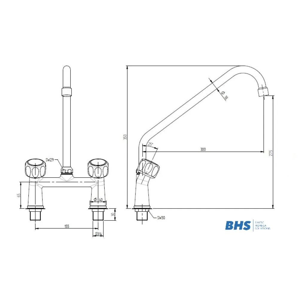 Кран для кухни с двумя отверстиями 'C' 18x300