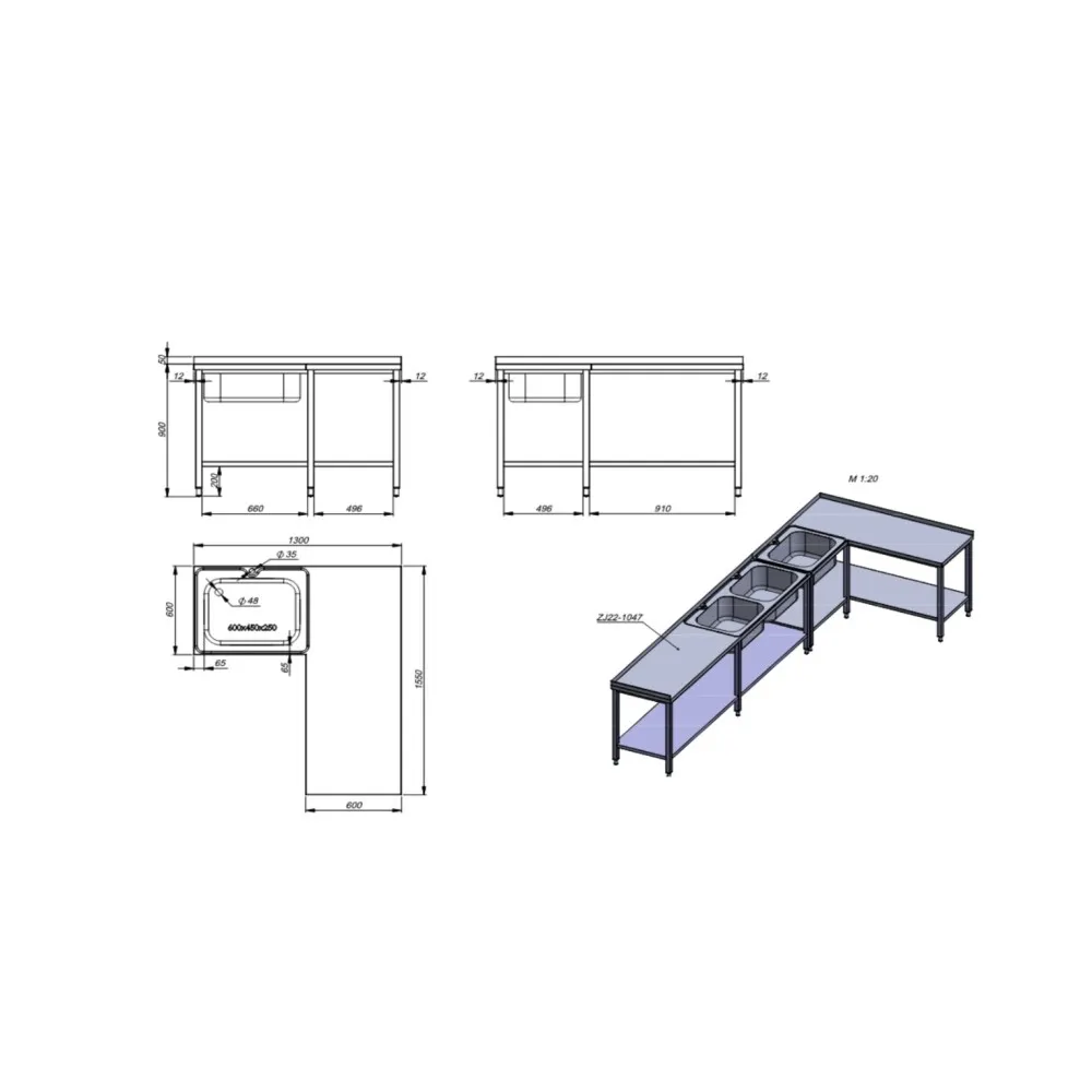 Mūsdienīgs virtuves galds ar trīm izlietnēm