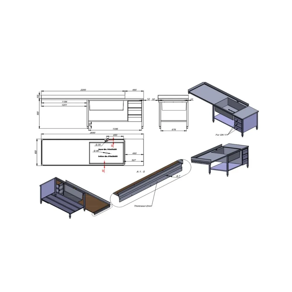 Mūsdienīgs virtuves galds ar trīm izlietnēm