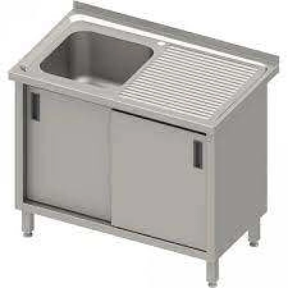 Durable Steel Work Table with Sink and Dual Sliding Doors