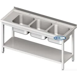 Metal table with three sinks and shelf 2000