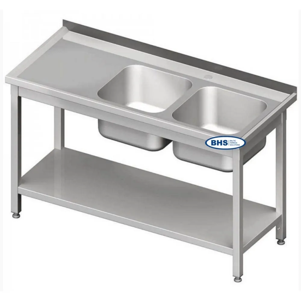Sturdy Metal Work Table with Dual Sinks and Storage Shelf