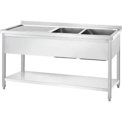 GREDIL roostevabast terasest laud kahe kraanikausiga (paremal pool) ja riiuliga 1400 × 600 × 850 mm